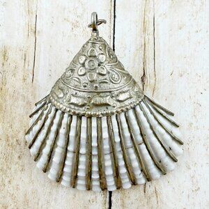 Real Scallop Shell Pendant with Embossed Metal - Beach Seaside Necklace
